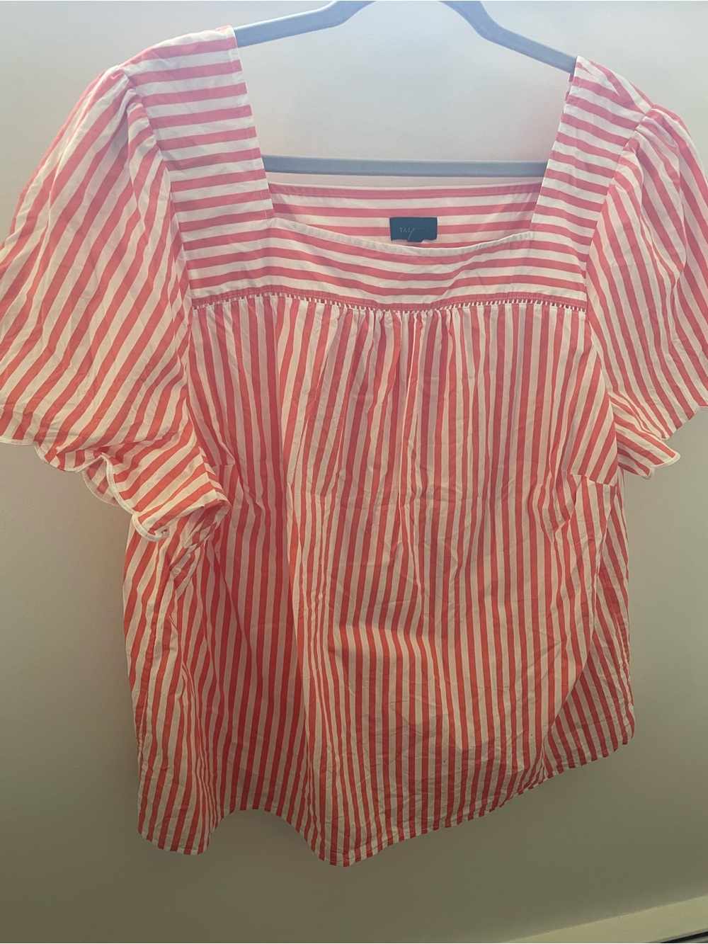 Talbots Coral and White Striped Square-Neck Peasant Top